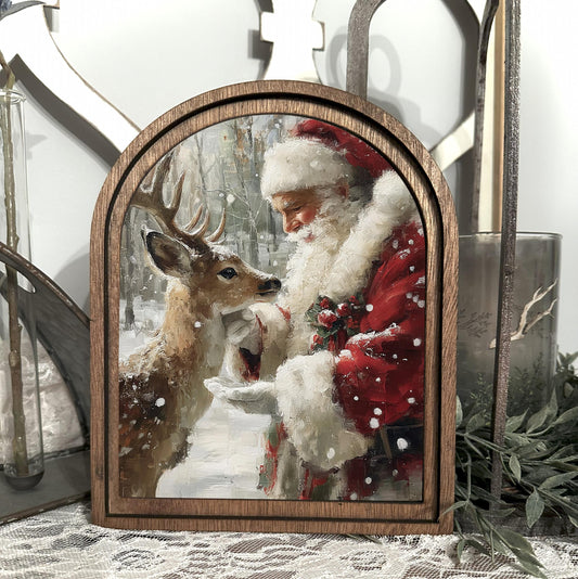 Santa Reindeer framed art decor mini holiday table top arch sign, entryway Christmas decor