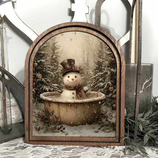 Snowman bathroom arched framed holiday decor, festive winter scene, funny Christmas accent sign