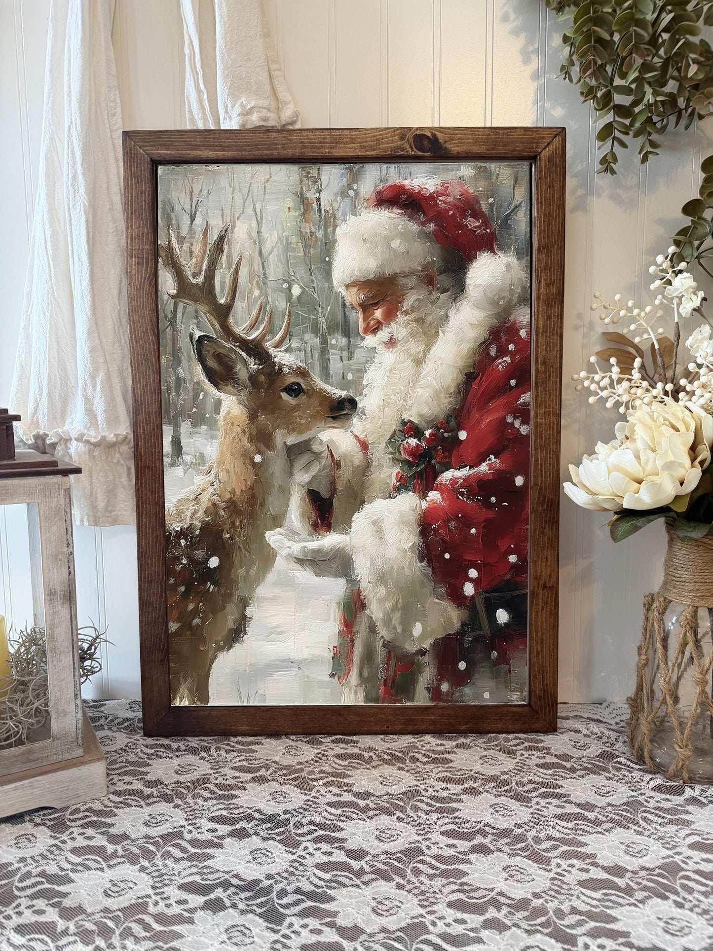 Framed Wood Sign Festive Canvas Art Featuring Santa with Reindeer for Christmas Decor