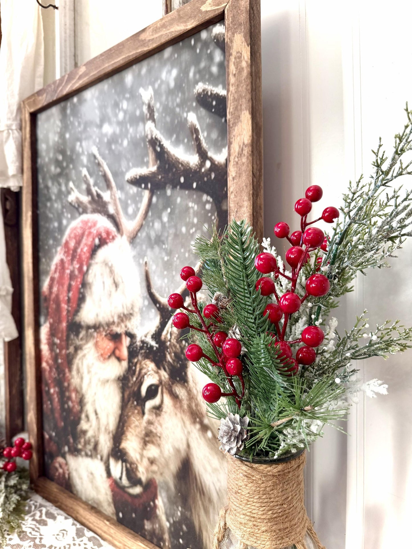 Rustic Wood Framed Santa Claus and Reindeer Canvas Art Print | Christmas Wall Decor | Farmhouse Holiday Artwork | Cozy Winter Home Decor