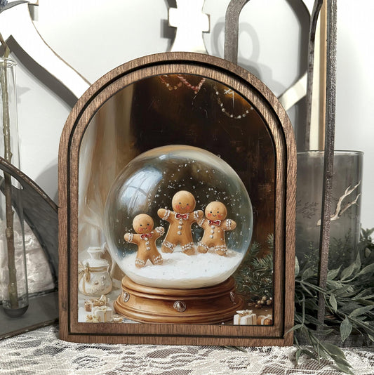 Gingerbread Christmas Art Print, Festive Holiday table top entry decor, Arched wood framed sign, Festive Christmas wall hanging,