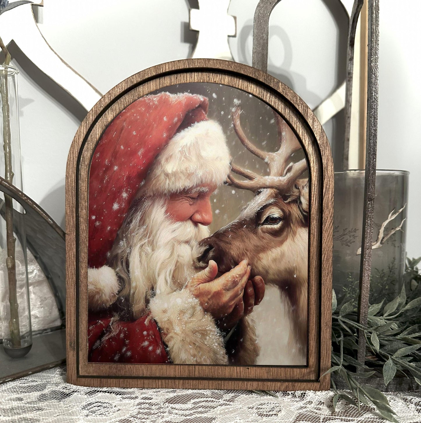 Santa and Reindeer framed art decor mini holiday table top arch sign, entryway Christmas decor