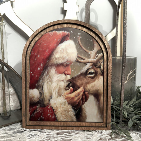 Santa and Reindeer framed art decor mini holiday table top arch sign, entryway Christmas decor