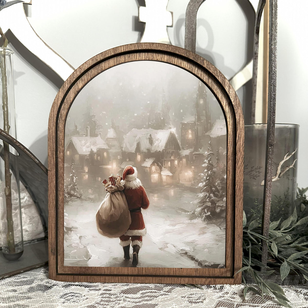 Christmas Art Print, Festive Holiday table top entry decor, Arched wood frame, Holiday gift Idea, Festive Christmas wall hanging,