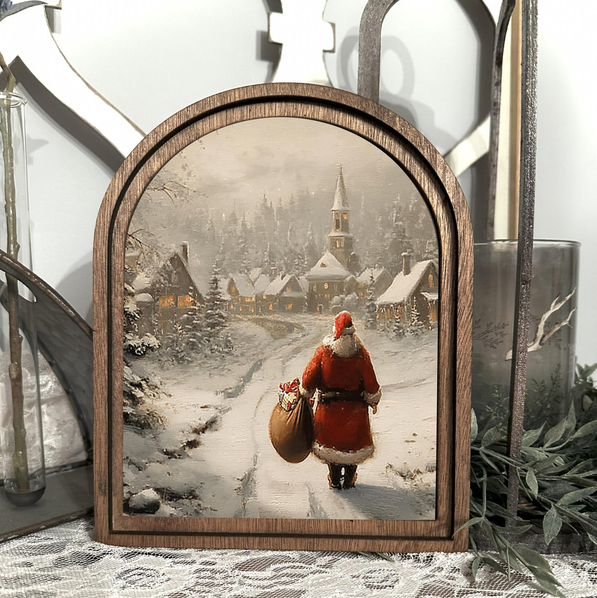Christmas Art Print, Festive Holiday table top entry decor, Arched wood frame, Holiday gift Idea, Festive Christmas wall hanging,