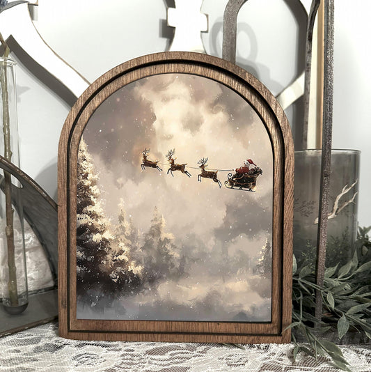 Santa Sleigh Arched Framed Holiday Decor | Vintage Winter Scene Christmas Art Print | Festive Tabletop Christmas Decor |