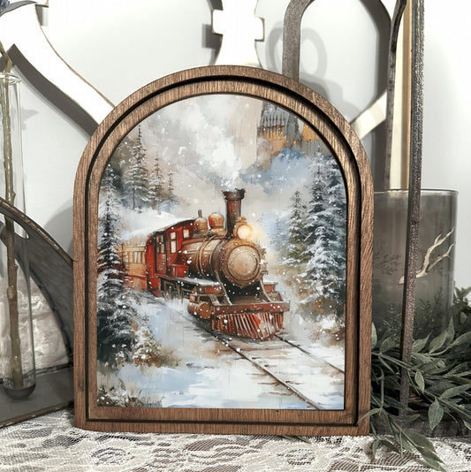 Christmas holiday home decor, arched frame sign table top canvas art print vintage train scene, mini holiday accent sign