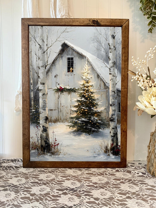 Vintage Inspired Wood Framed Canvas Art Print Snowy Winter Barn Scene Christmas Decorative Wall Art Holiday Home Decor