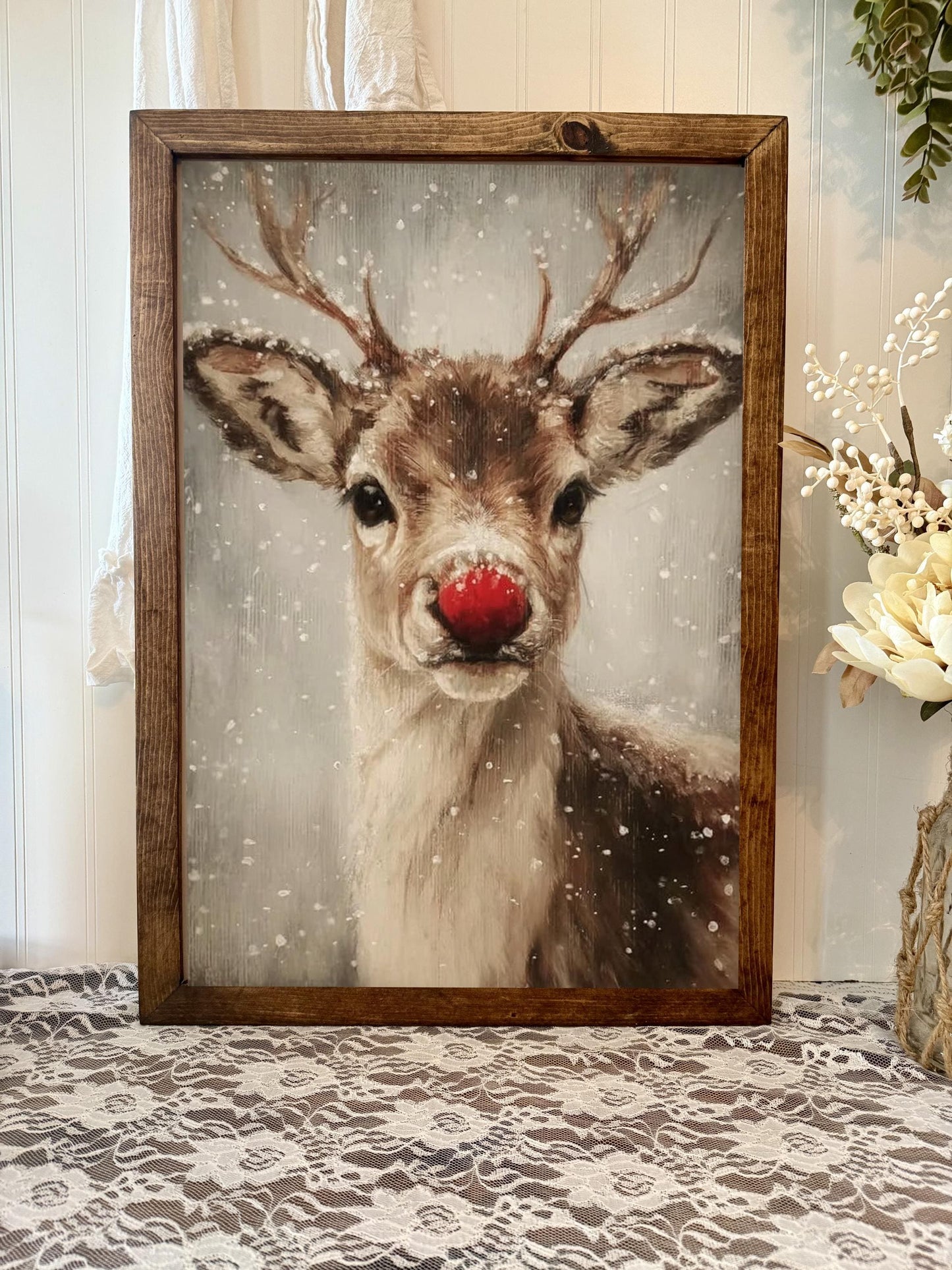 Vintage Inspired Rudolph Red Nose Reindeer Wood Framed Art Print Festive Reindeer Framed Accent Sign
