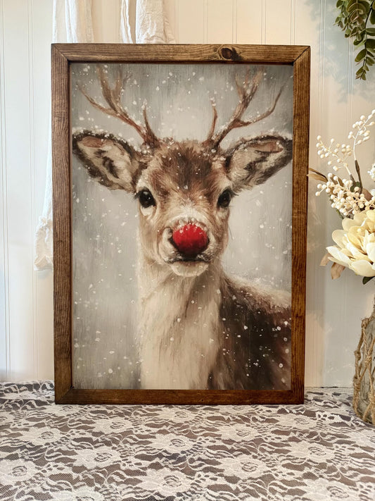 Vintage Inspired Rudolph Red Nose Reindeer Wood Framed Art Print Festive Reindeer Framed Accent Sign