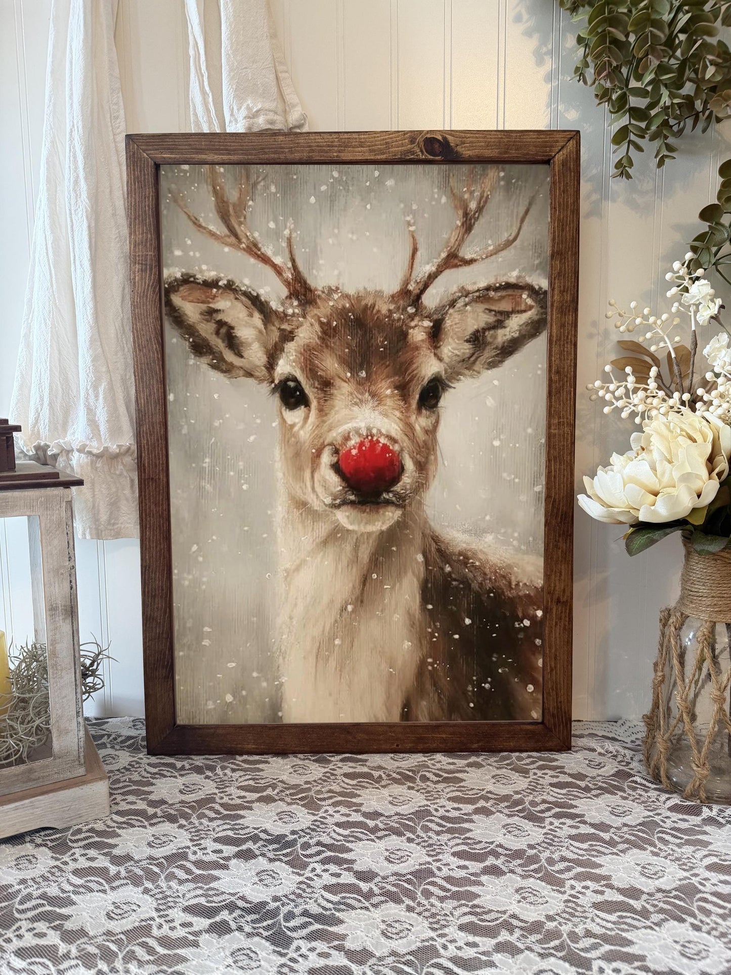Vintage Inspired Rudolph Red Nose Reindeer Wood Framed Art Print Festive Reindeer Framed Accent Sign