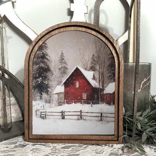 Christmas table top sign mini wood framed arch sign winter snowy scene red barn rustic country canvas Christmas print, holiday wall decor