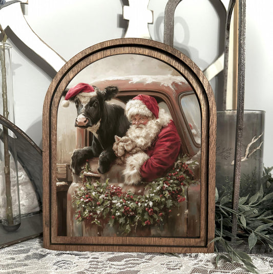 Santa and cow framed art decor mini holiday table top arch sign, entryway Christmas decor