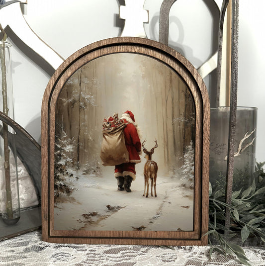 Santa and Reindeer table top wood framed arch sign, Farmhouse holiday decoration
