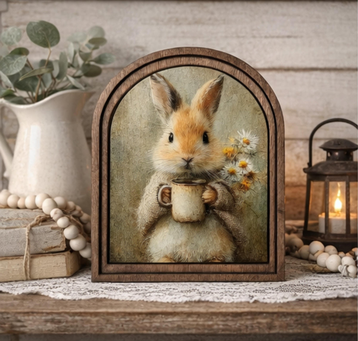 Rustic Bunny wood framed Canvas Sign | Arched Wood Frame | Farmhouse Spring Decor | Easter Coffee Shelf Sitter |