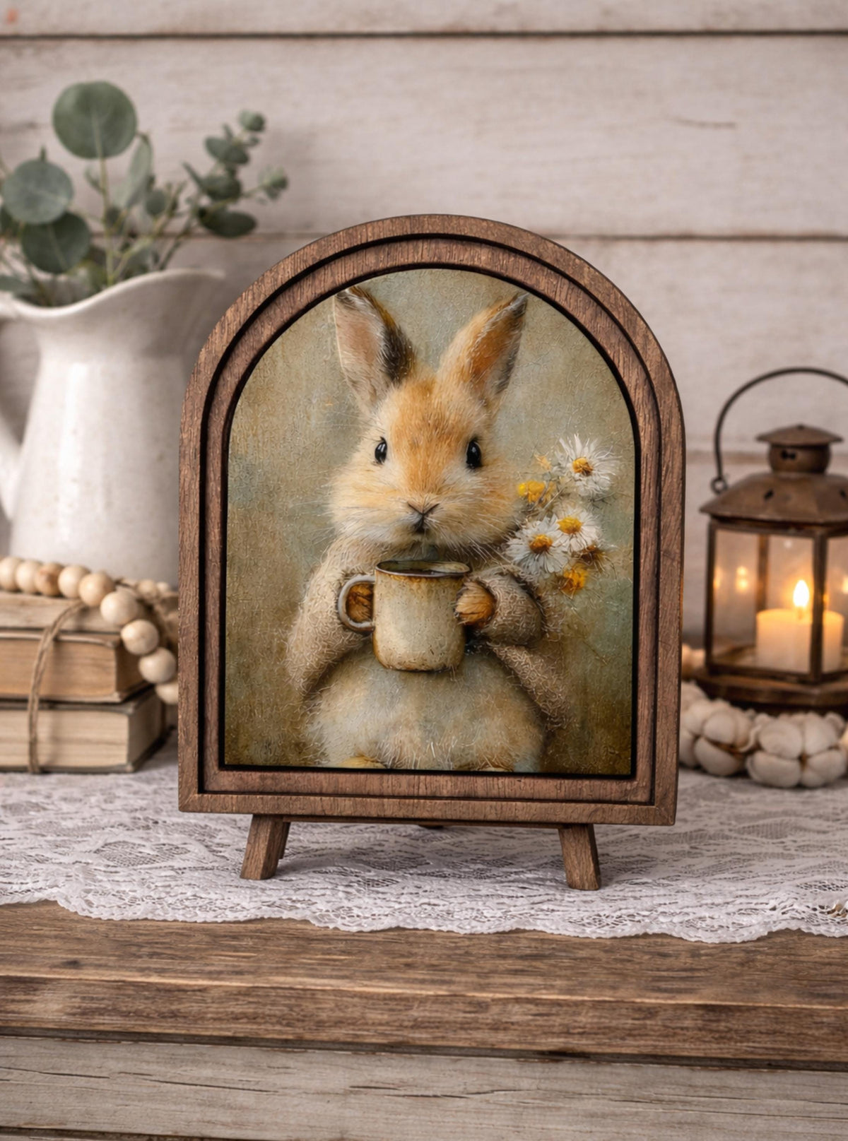 Rustic Bunny wood framed Canvas Sign | Arched Wood Frame | Farmhouse Spring Decor | Easter Coffee Shelf Sitter |