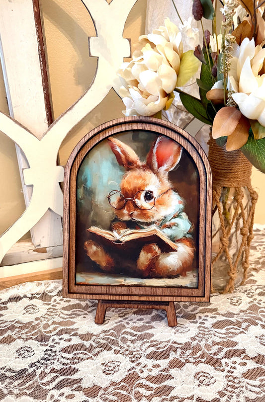 Cute Bunny reading wood framed Arch shelf Sign | Farmhouse Spring Decor | Easter Shelf Sitter |