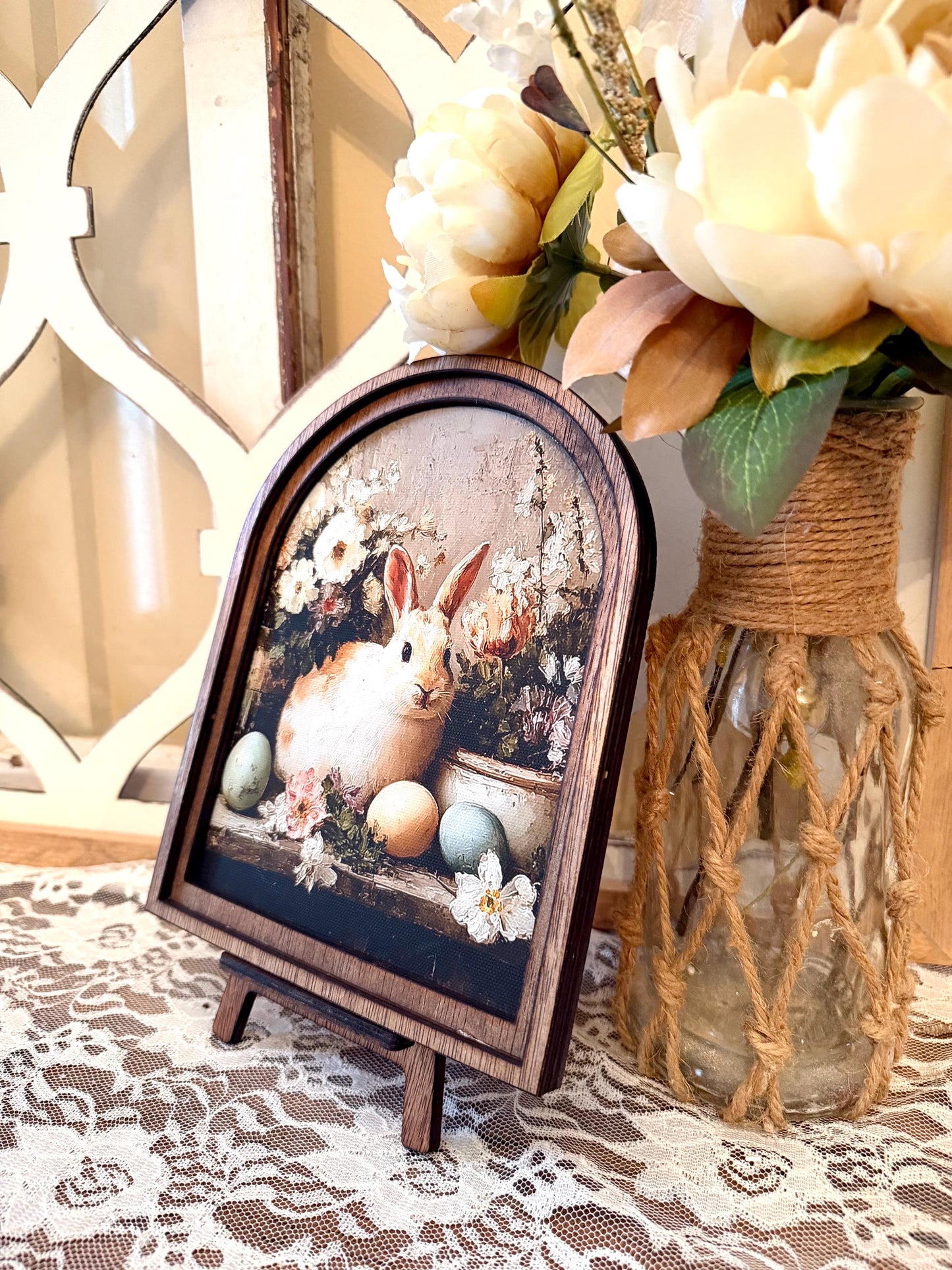 Rustic Bunny wood framed shelf Sign | Farmhouse Spring Decor | Easter Shelf Sitter |