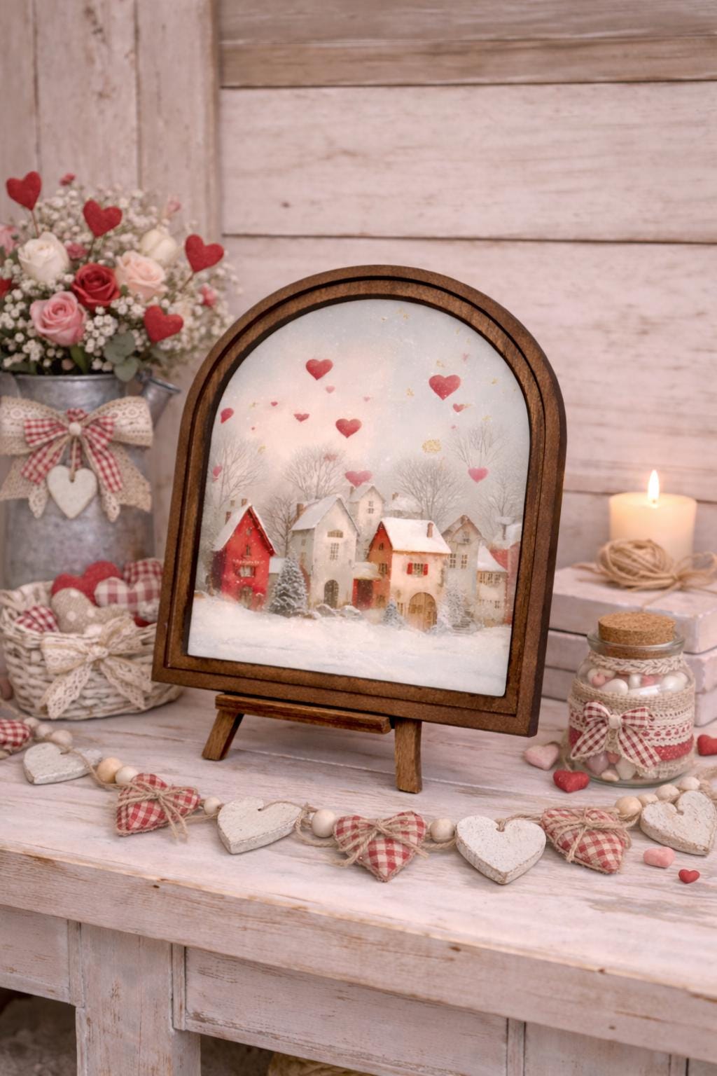 Valentine’s Day Arched Wood Frame Decor – Romantic Farmhouse Village Art – Rustic Wooden Sign Home Accent