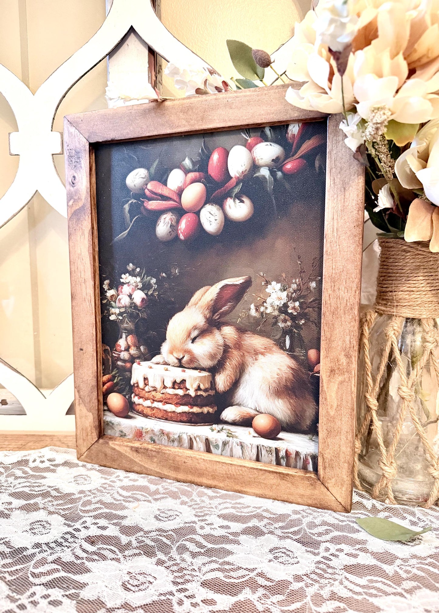 Wood Framed Farmhouse Easter Bunny Wall Art – Spring Decor, Rustic Wooden Frame Canvas Printed Sign, Farmhouse Kitchen Home Accent Decor