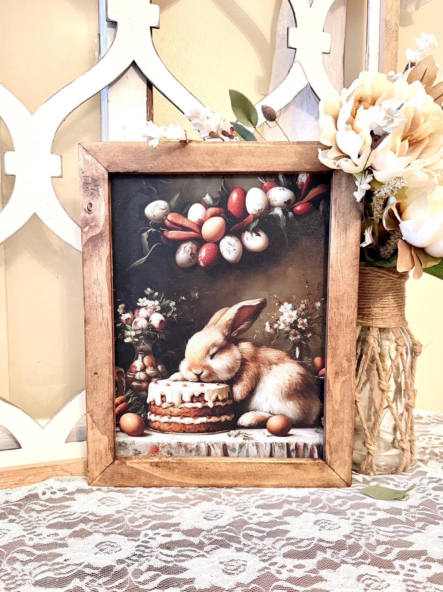 Wood Framed Farmhouse Easter Bunny Wall Art – Spring Decor, Rustic Wooden Frame Canvas Printed Sign, Farmhouse Kitchen Home Accent Decor