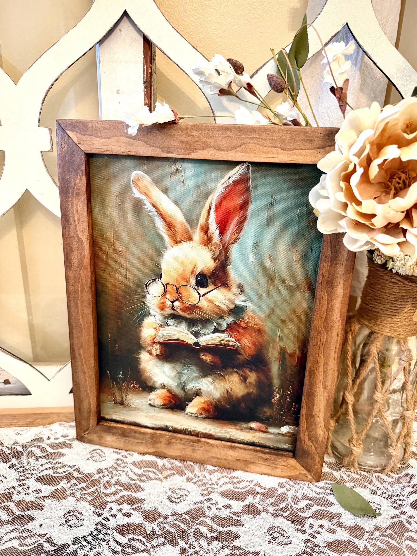 Whimsical Easter Bunny Wood Framed Canvas Wall Art, Spring Farmhouse wood framed home decor