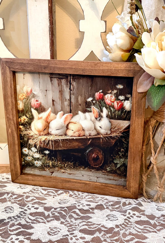 Spring Easter Bunny Wall Art • Rustic Wood Framed Canvas Sign • Farmhouse Bunny Decor • Spring Floral Bunny Print •