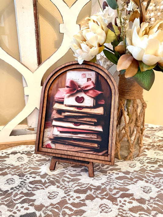 Wood Framed Valentine’s Day Arch Sign – Vintage Love Letter Stack Art – Rustic Farmhouse Decor – Romantic Tabletop Shelf Sign