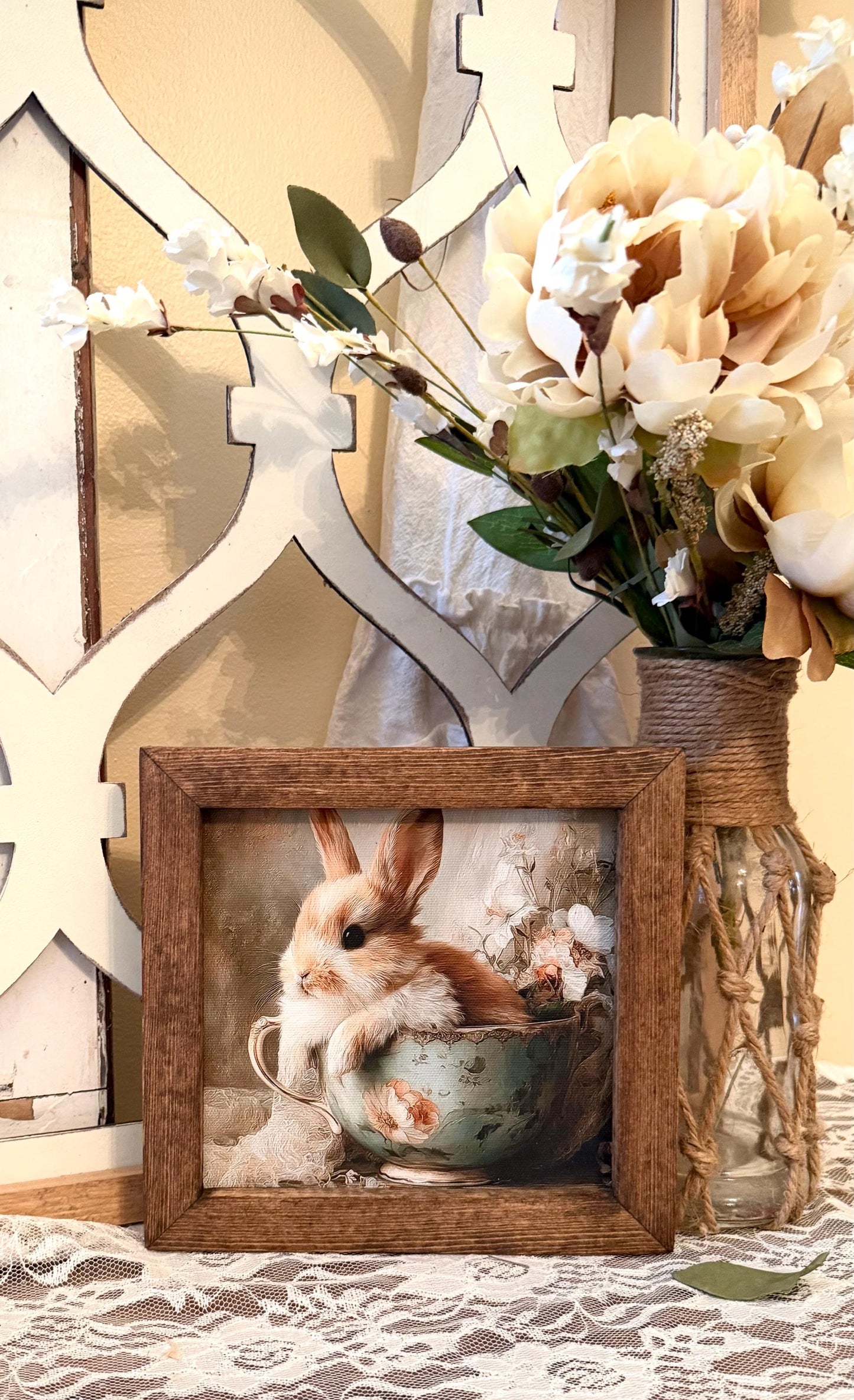 Wood Framed Easter Bunny Wall Art • Rustic Wood Framed Canvas Sign • Farmhouse Bunny Decor • Spring Floral Bunny Print •