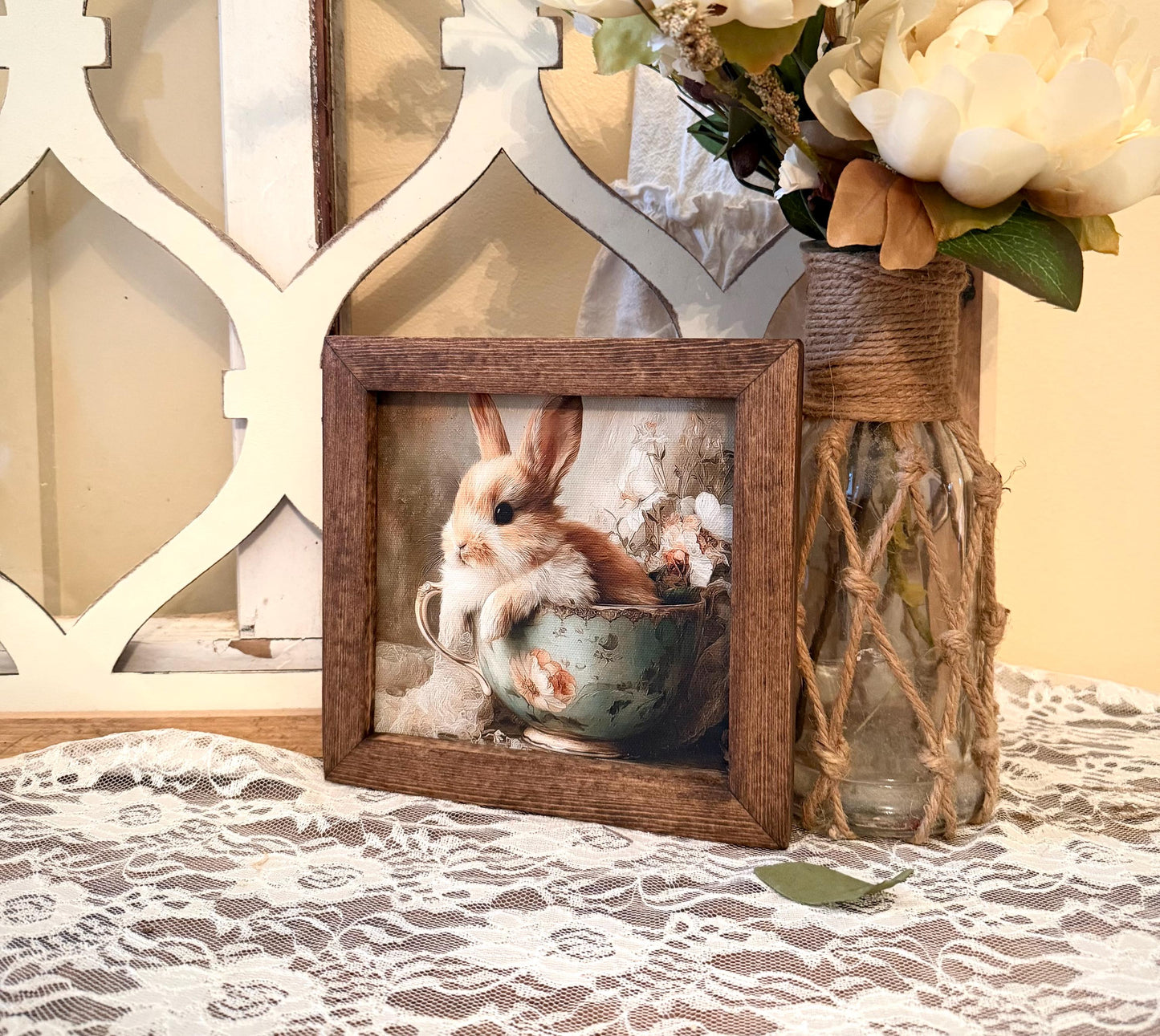 Wood Framed Easter Bunny Wall Art • Rustic Wood Framed Canvas Sign • Farmhouse Bunny Decor • Spring Floral Bunny Print •