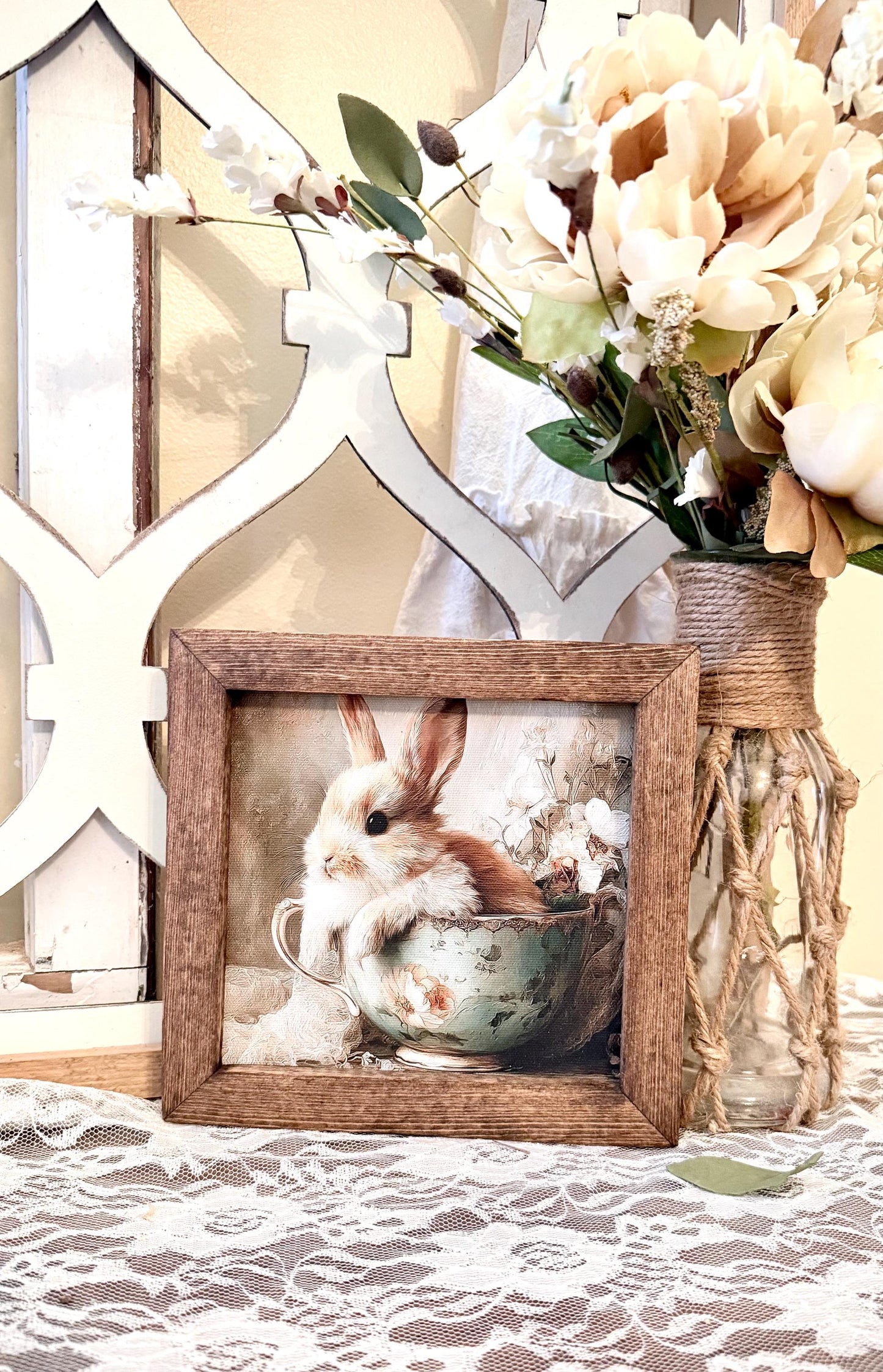 Wood Framed Easter Bunny Wall Art • Rustic Wood Framed Canvas Sign • Farmhouse Bunny Decor • Spring Floral Bunny Print •