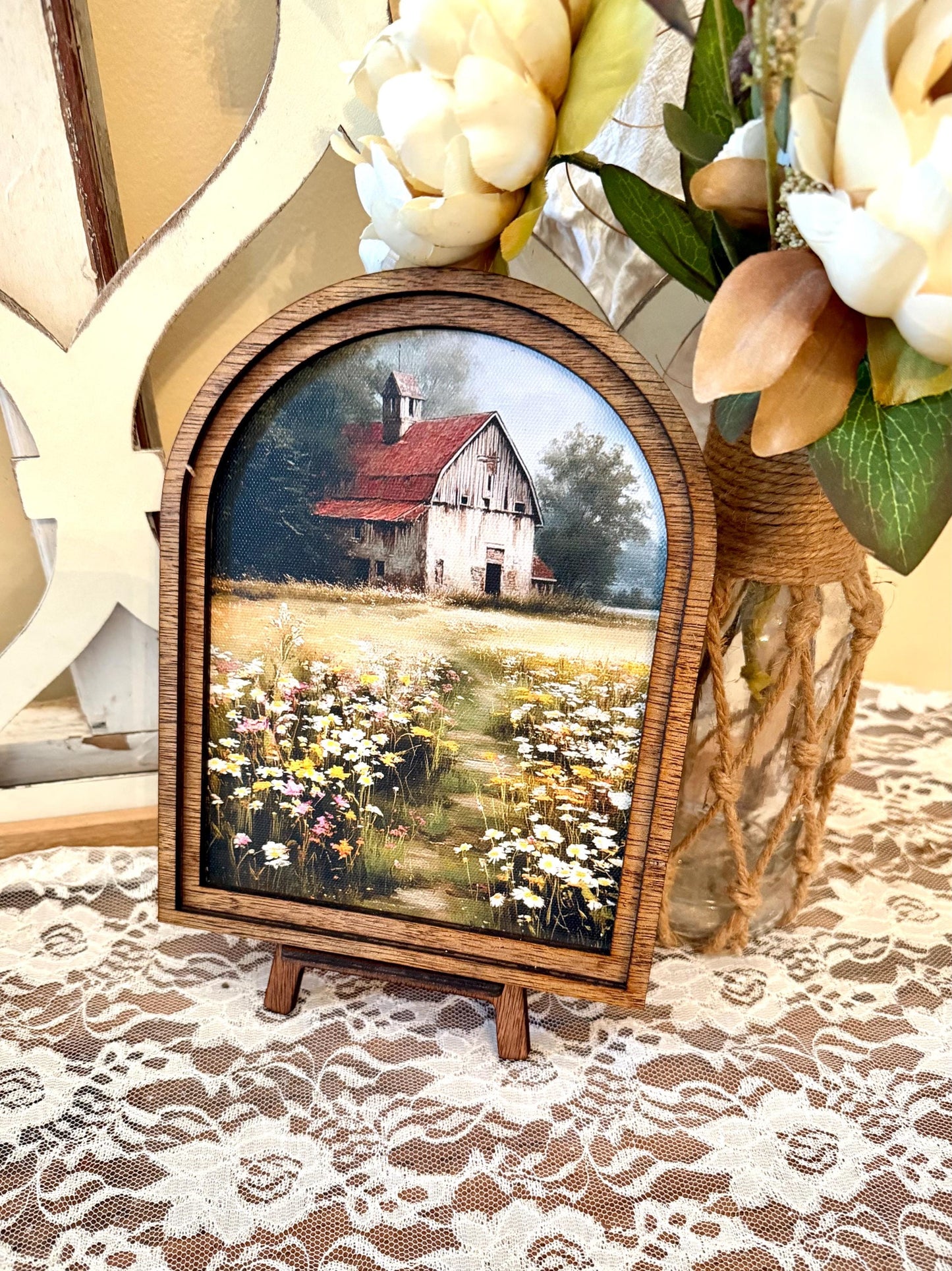 Canvas Wood Framed Arch Print, Farmhouse Rustic Barn framed Canvas Print, Spring Flower Field Home Accent