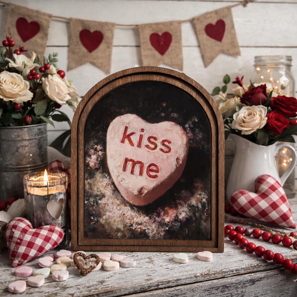 Kiss Me Valentine’s Day Mini Arch Sign – Rustic Farmhouse Décor, Candy Heart Shelf Sitter, Tiered Tray Sign