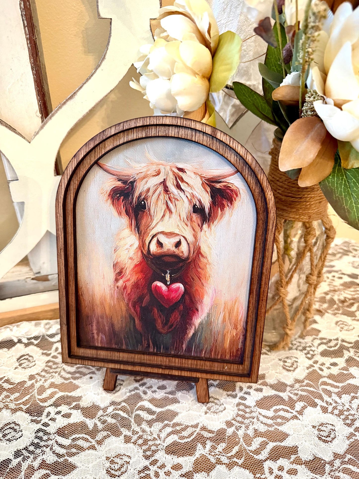 Wood Framed Valentine’s Day Arch Sign – Rustic Farmhouse Decor – Romantic Tabletop Shelf  Sign