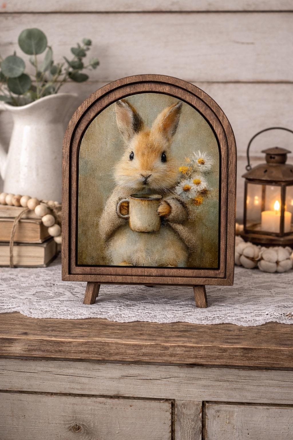 Rustic Bunny wood framed Canvas Sign | Arched Wood Frame | Farmhouse Spring Decor | Easter Coffee Shelf Sitter |