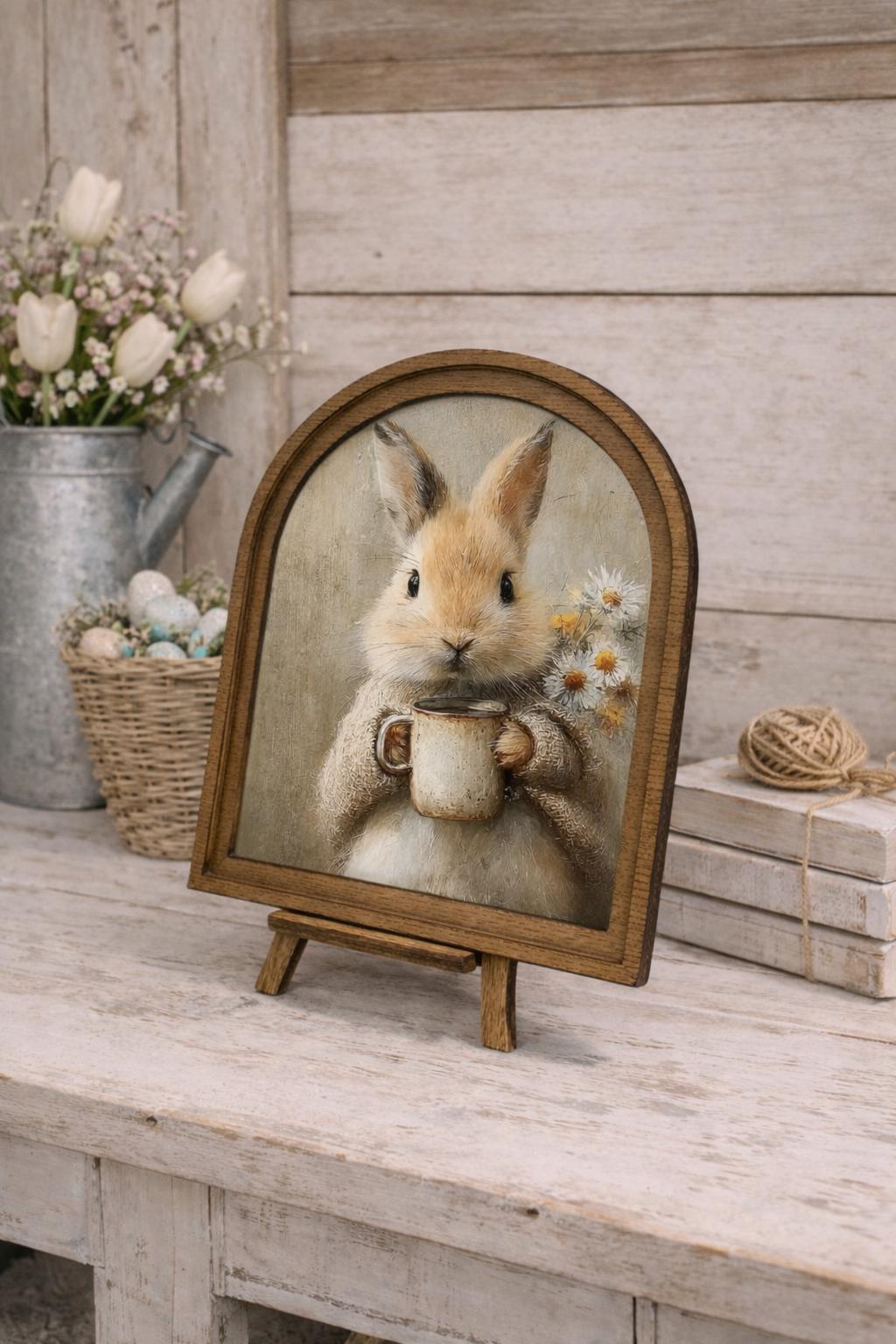 Rustic Bunny wood framed Canvas Sign | Arched Wood Frame | Farmhouse Spring Decor | Easter Coffee Shelf Sitter |