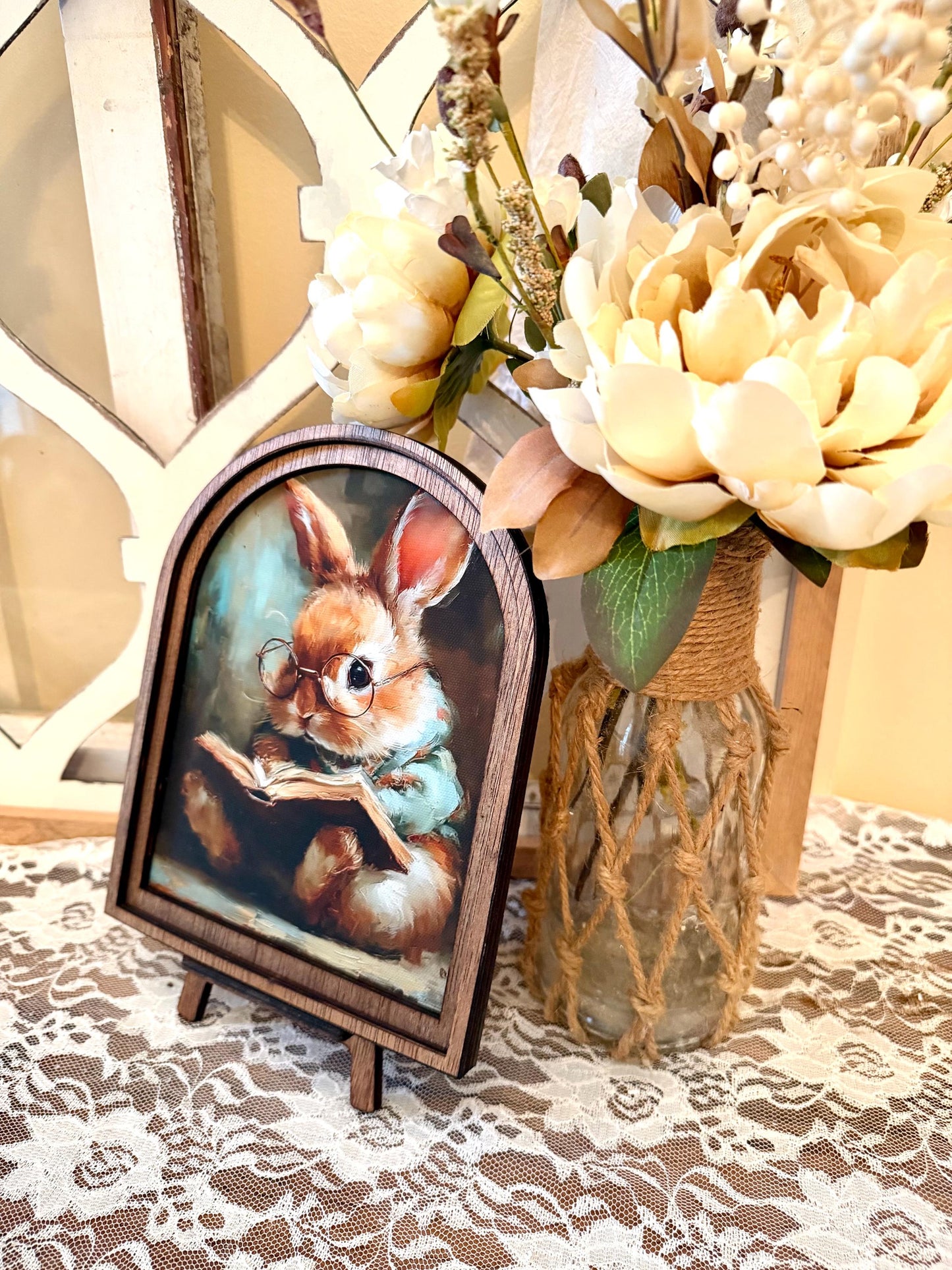 Cute Bunny reading wood framed Arch shelf Sign | Farmhouse Spring Decor | Easter Shelf Sitter |