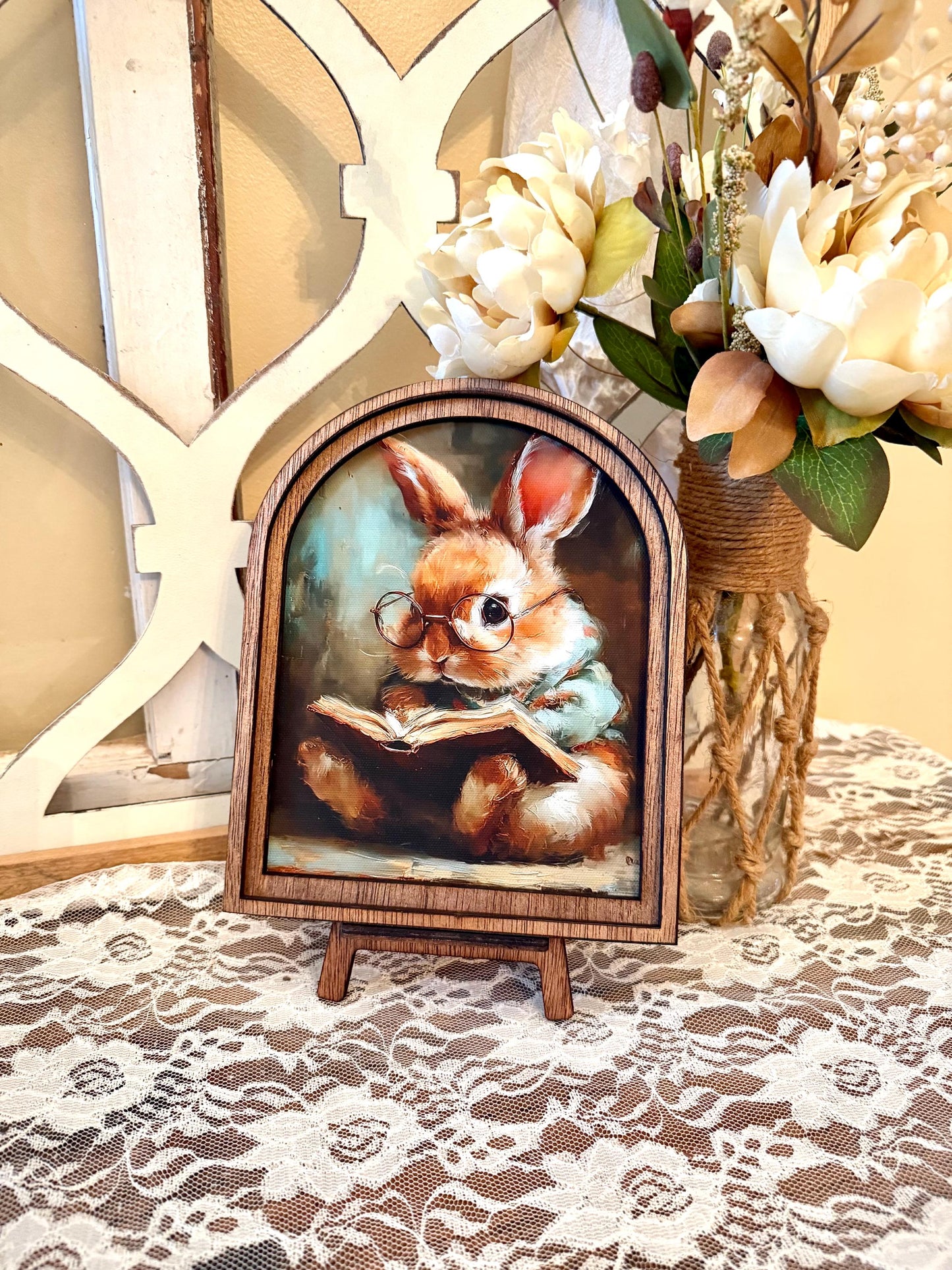 Cute Bunny reading wood framed Arch shelf Sign | Farmhouse Spring Decor | Easter Shelf Sitter |
