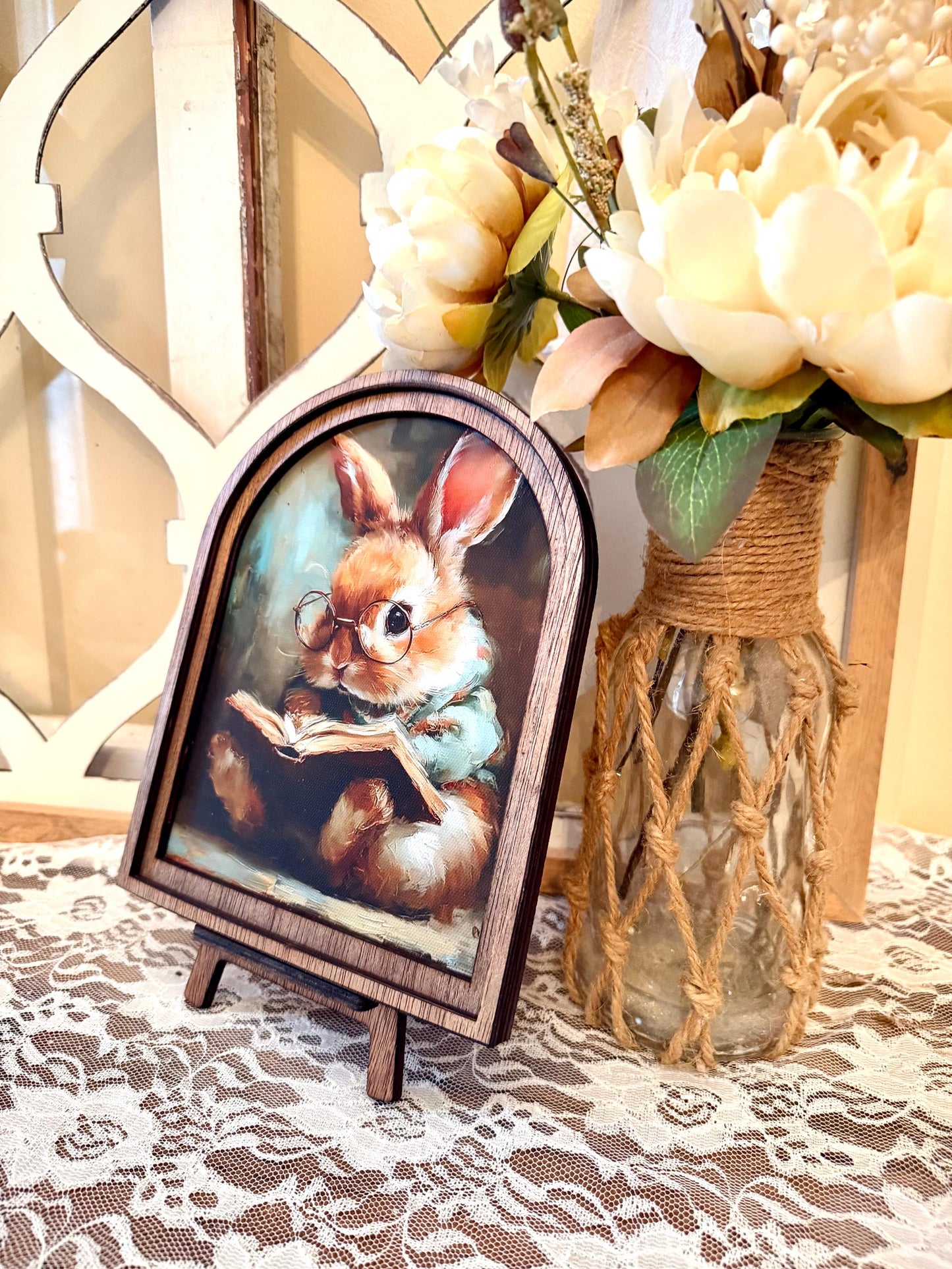 Cute Bunny reading wood framed Arch shelf Sign | Farmhouse Spring Decor | Easter Shelf Sitter |