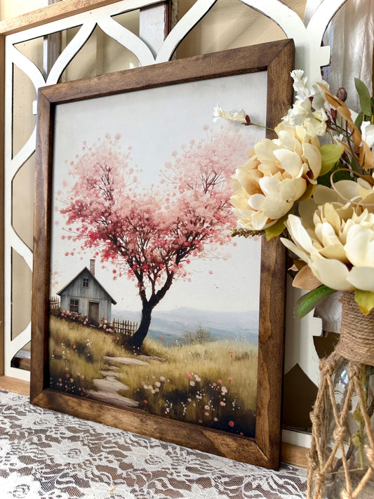Wood Framed Valentine’s Day Canvas Wall Art  • Rustic Farmhouse Cottage Decor • Romantic Pink Landscape Home Decor