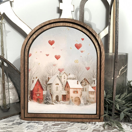 Valentine’s Day Arched Wood Frame Decor – Romantic Farmhouse Village Art – Rustic Wooden Sign Home Accent