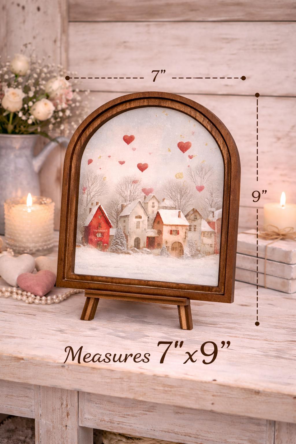 Valentine’s Day Arched Wood Frame Decor – Romantic Farmhouse Village Art – Rustic Wooden Sign Home Accent