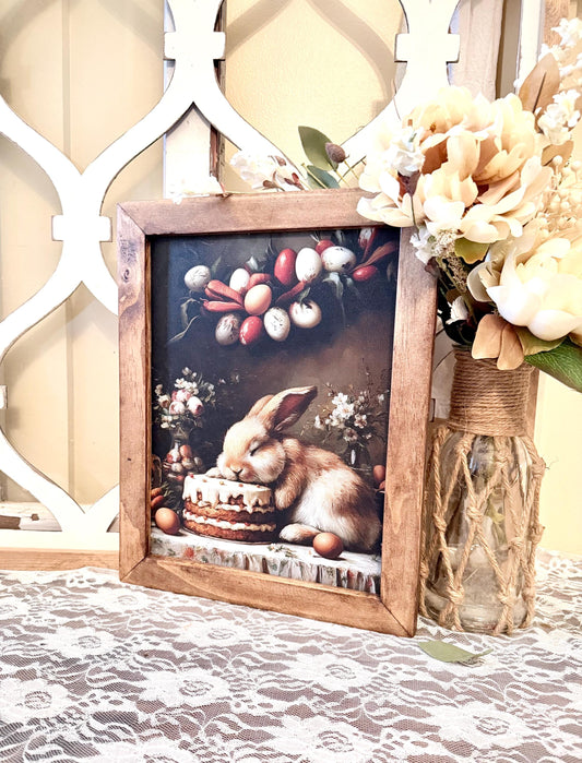Wood Framed Farmhouse Easter Bunny Wall Art – Spring Decor, Rustic Wooden Frame Canvas Printed Sign, Farmhouse Kitchen Home Accent Decor