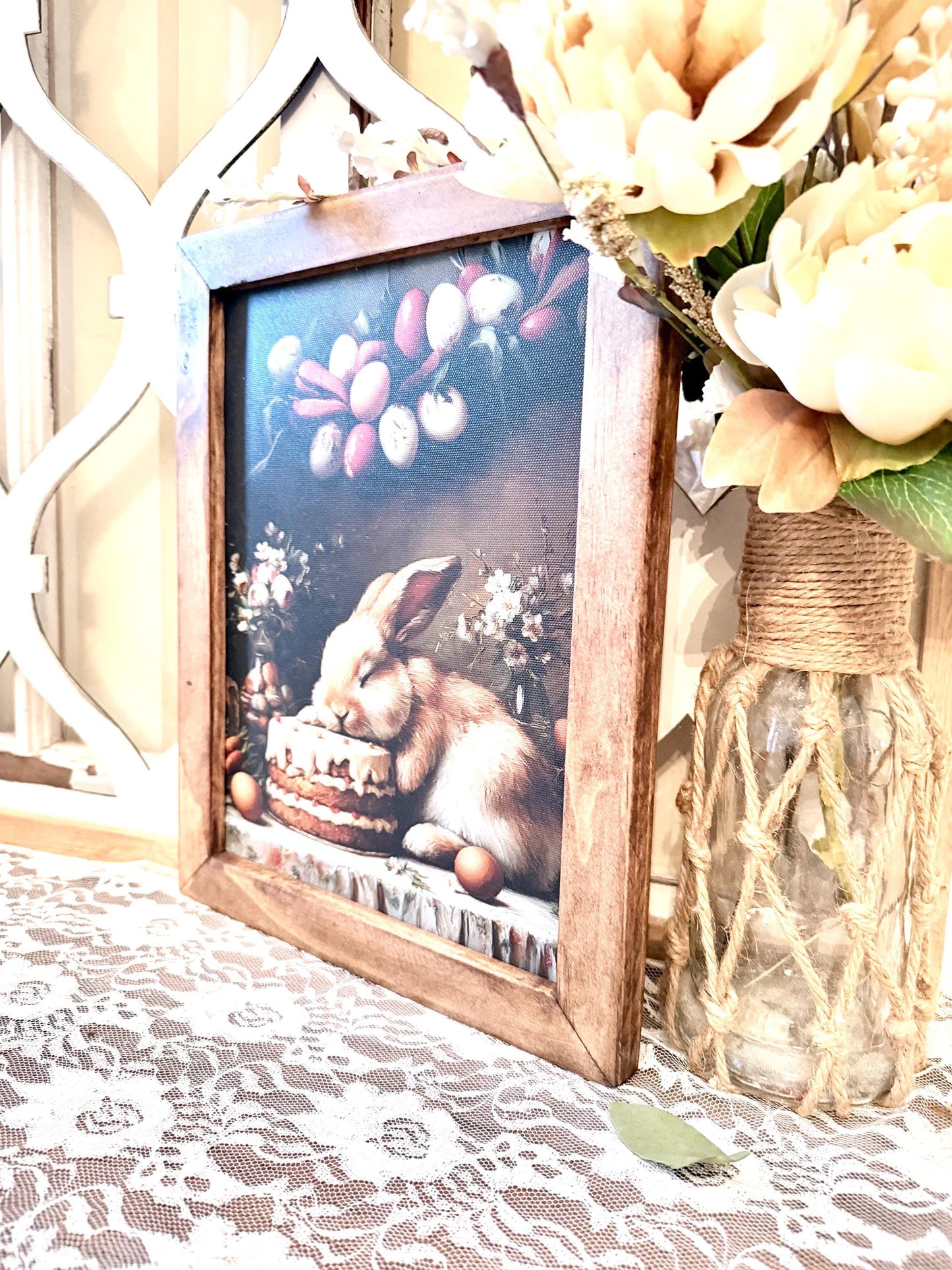 Wood Framed Farmhouse Easter Bunny Wall Art – Spring Decor, Rustic Wooden Frame Canvas Printed Sign, Farmhouse Kitchen Home Accent Decor