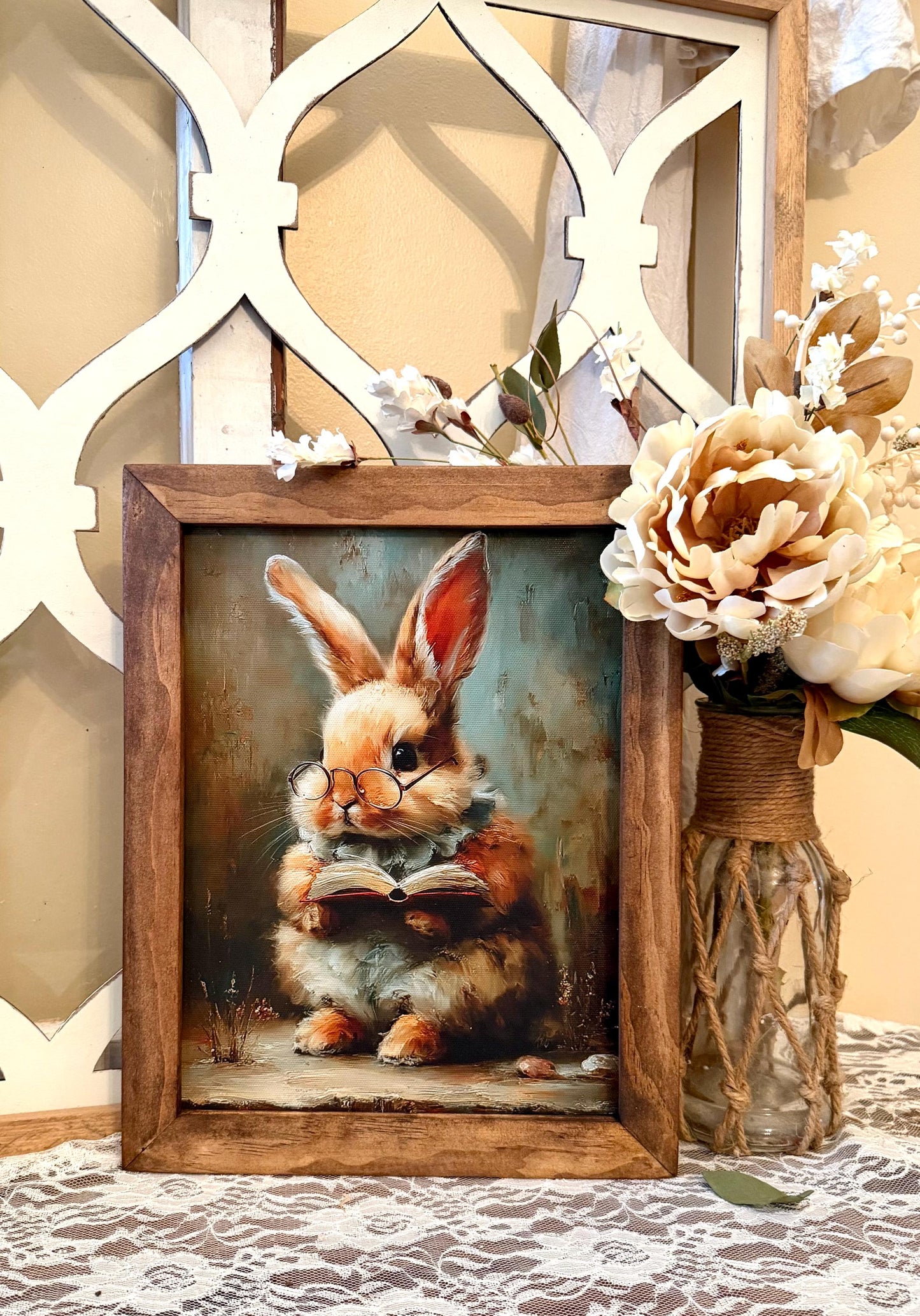 Whimsical Easter Bunny Wood Framed Canvas Wall Art, Spring Farmhouse wood framed home decor