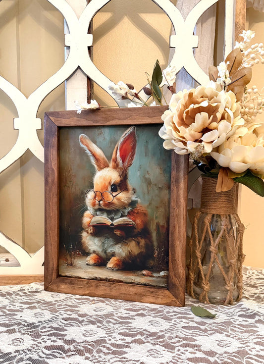 Whimsical Easter Bunny Wood Framed Canvas Wall Art, Spring Farmhouse wood framed home decor