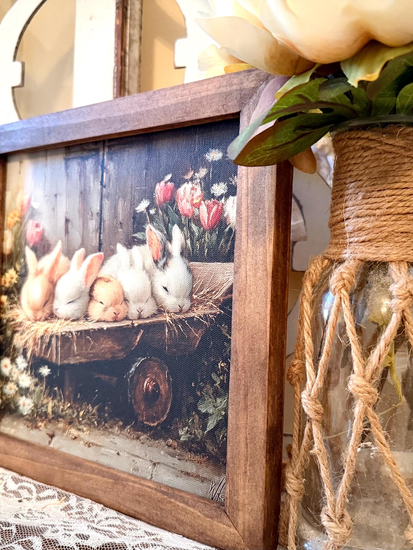 Spring Easter Bunny Wall Art • Rustic Wood Framed Canvas Sign • Farmhouse Bunny Decor • Spring Floral Bunny Print •
