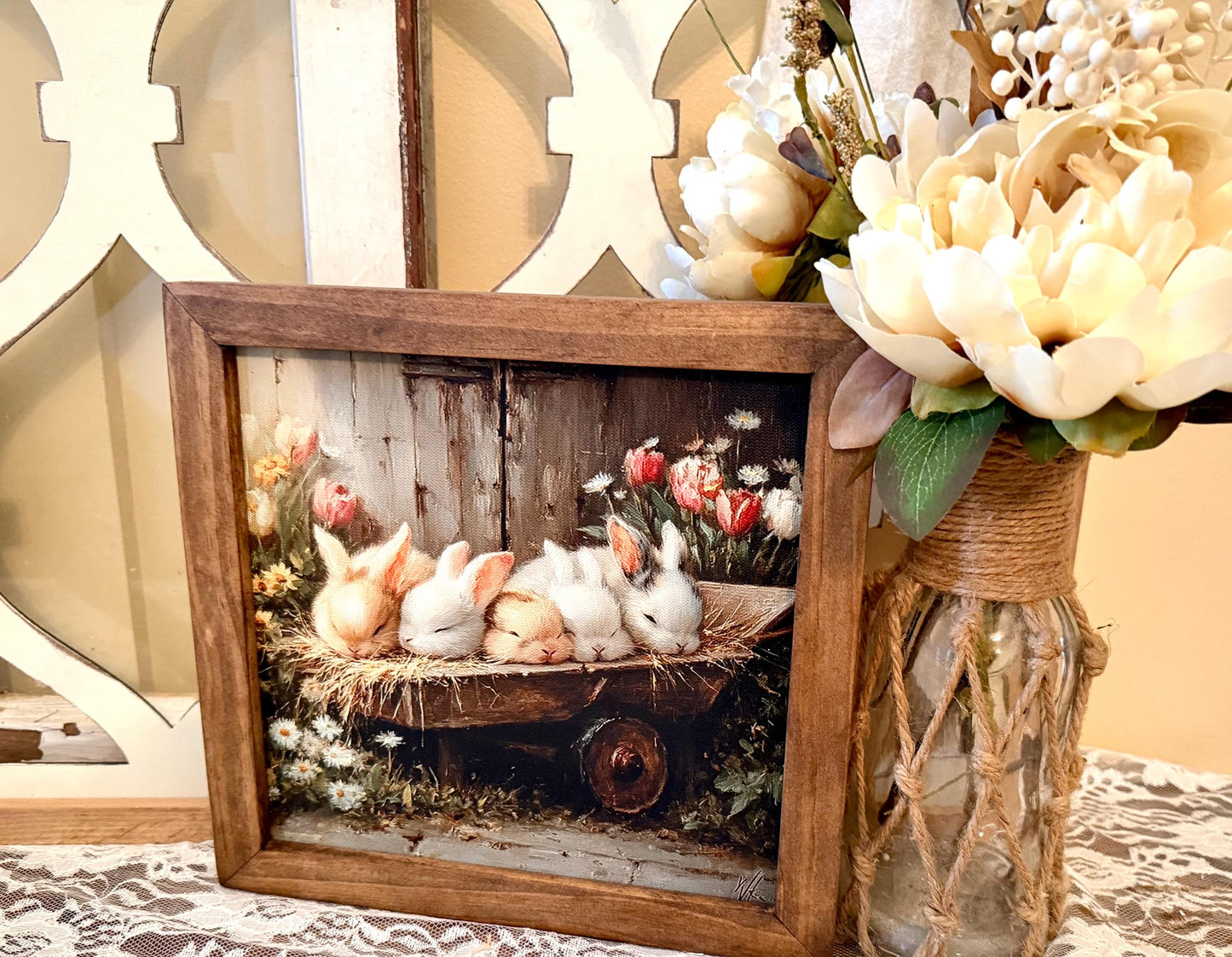 Spring Easter Bunny Wall Art • Rustic Wood Framed Canvas Sign • Farmhouse Bunny Decor • Spring Floral Bunny Print •
