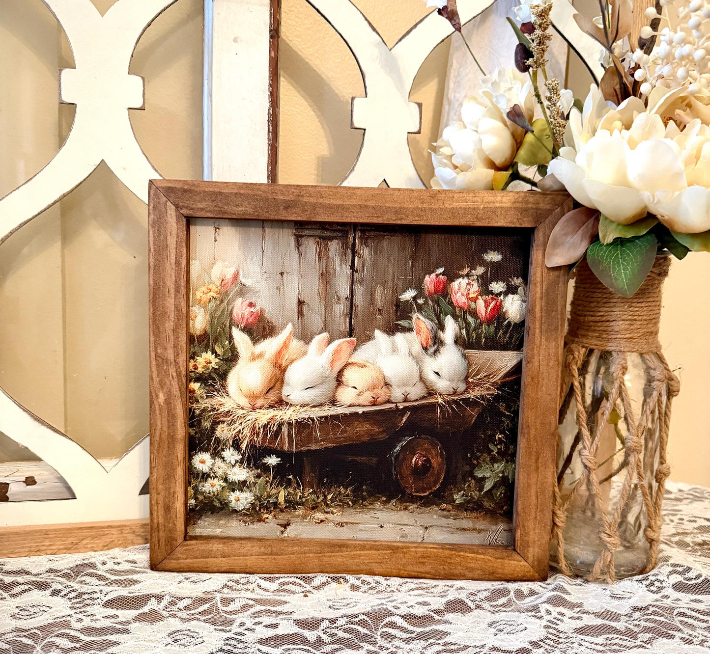 Spring Easter Bunny Wall Art • Rustic Wood Framed Canvas Sign • Farmhouse Bunny Decor • Spring Floral Bunny Print •