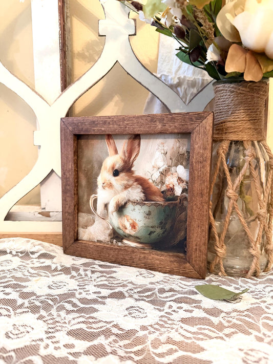 Wood Framed Easter Bunny Wall Art • Rustic Wood Framed Canvas Sign • Farmhouse Bunny Decor • Spring Floral Bunny Print •